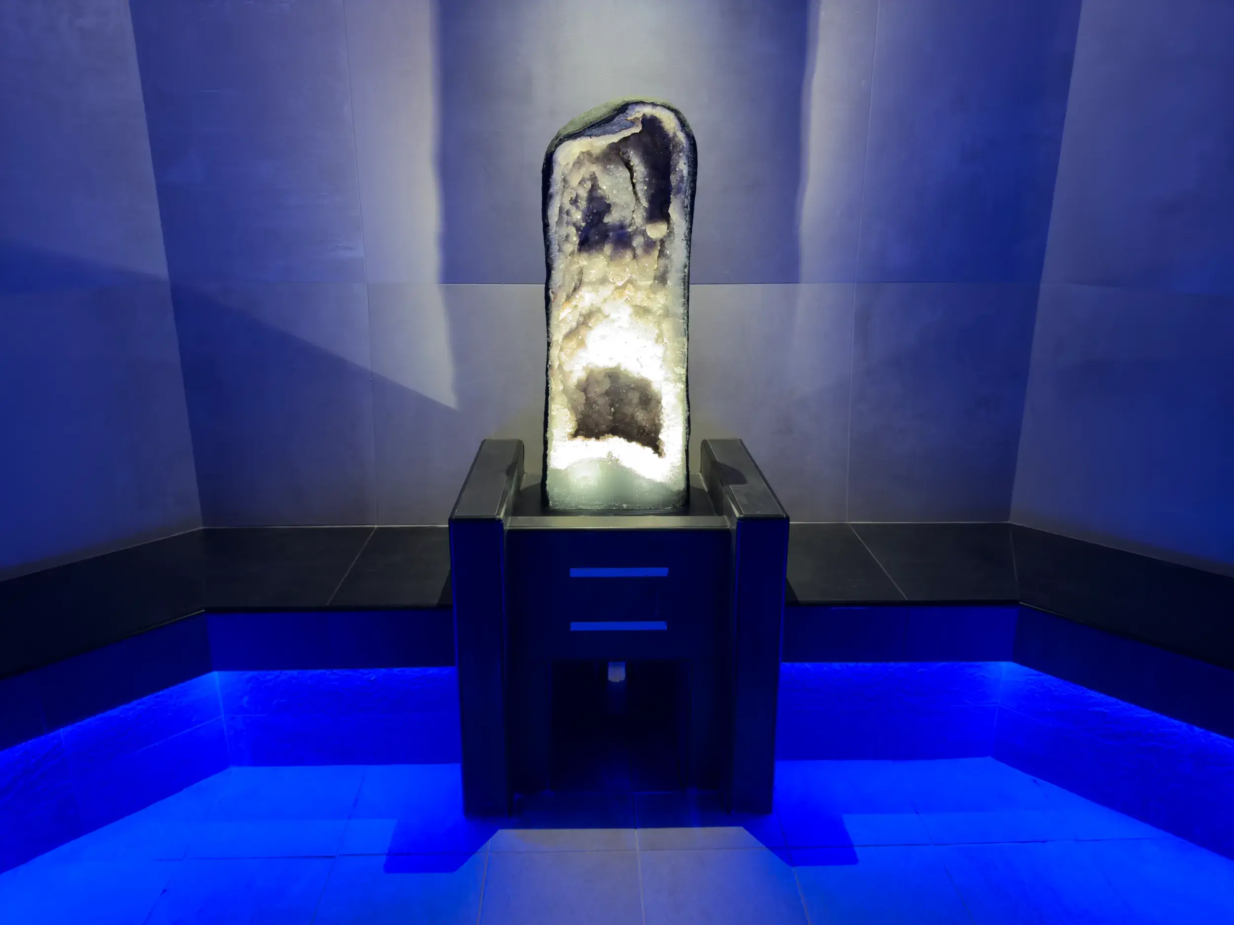 A large amethyst stone in the steam room