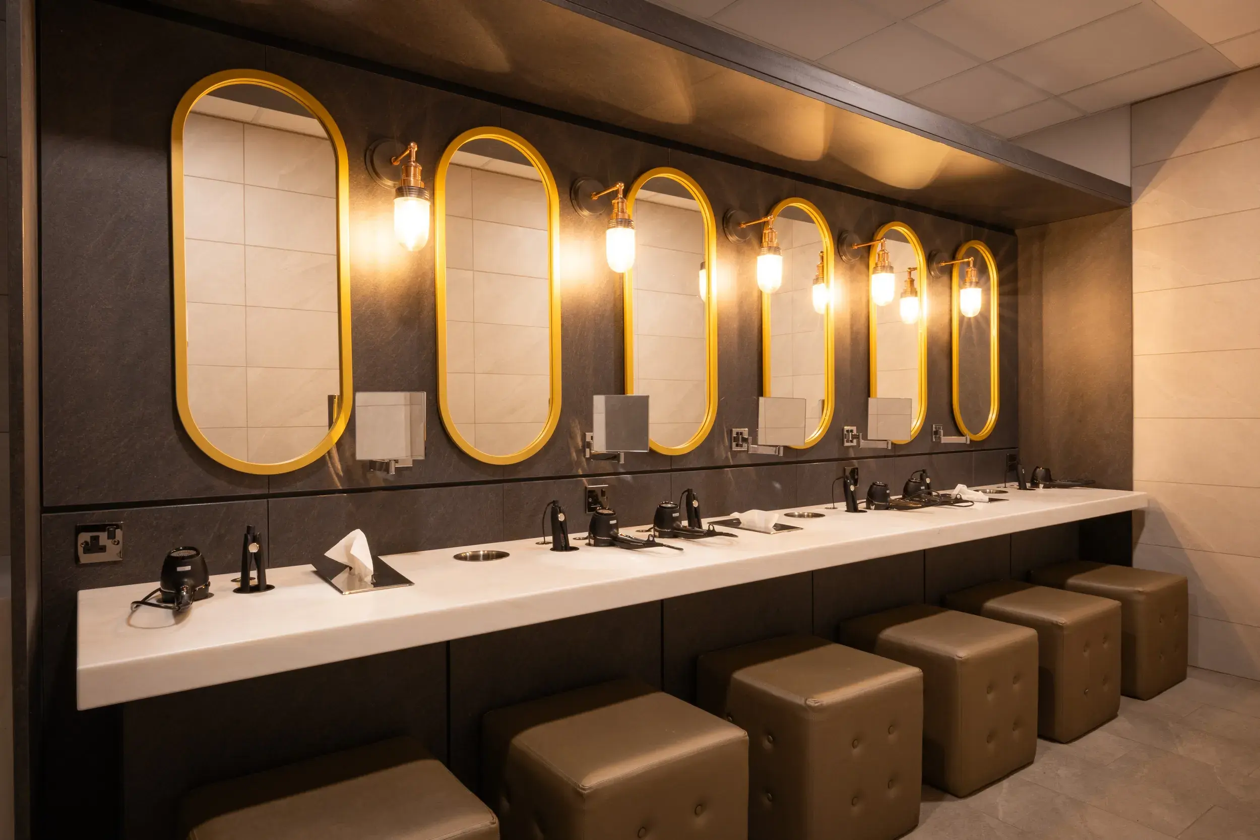 Mirrors and hairdryers in the locker rooms at David Lloyd Bristol Westbury
